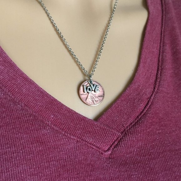 2010-2022 Handmade Lucky Penny LOVE Necklace Unisex Stainless Steel Chain Copper - Picture 4 of 5